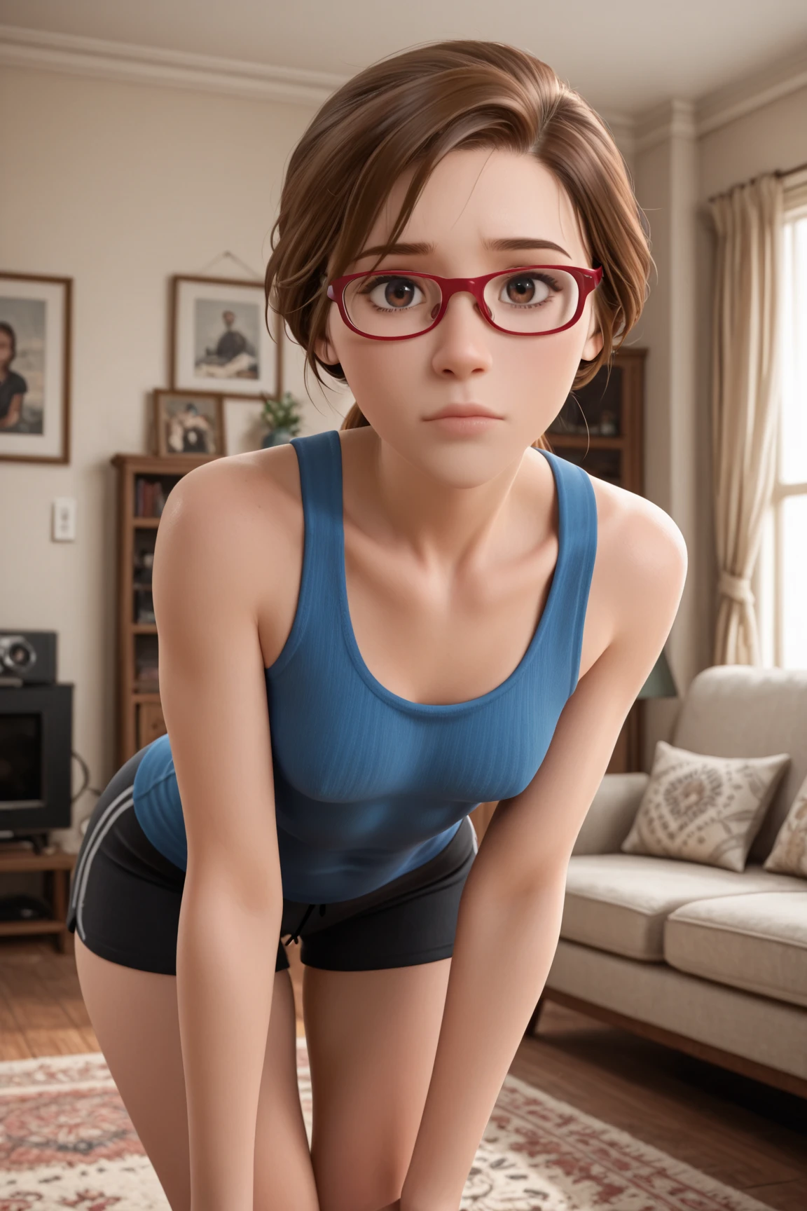 Jill Andersen (Inside Out) is standing up, in living room, masterpiece, best quality, very small breasts, leaning over, absurdres, extremely detailed, brown hair, brown eyes, wearing prescription glasses with red frames, looking back at viewer, athletic posterior 