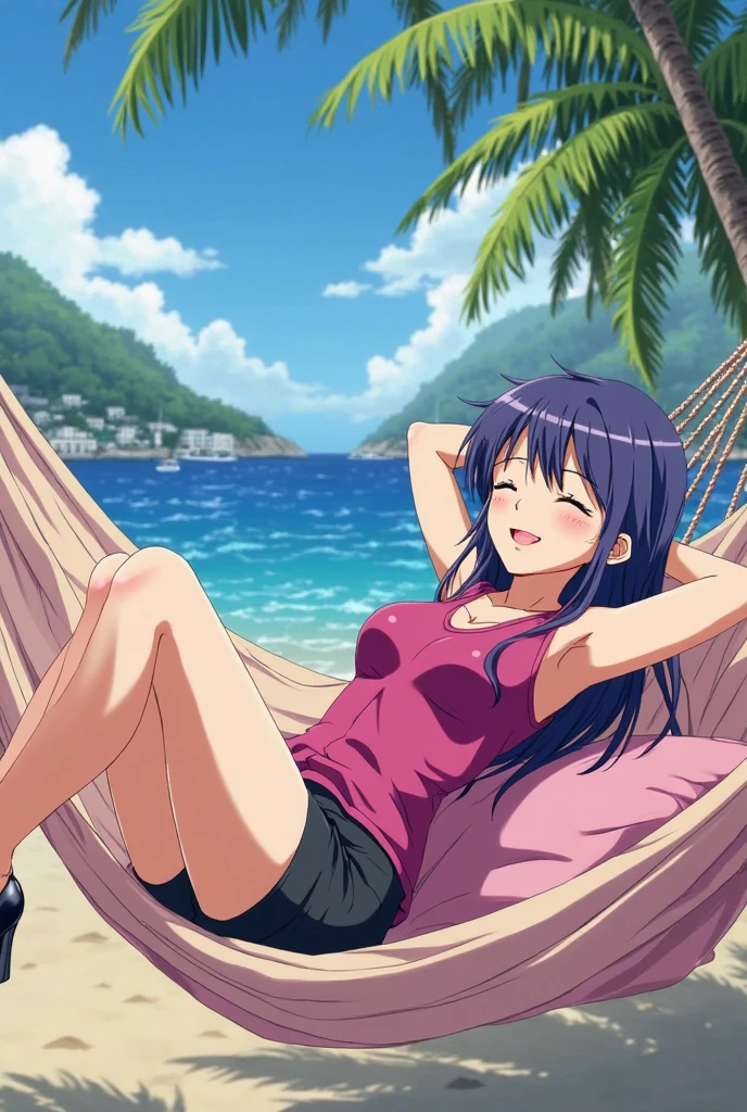 pov (from front), Masterpiece, Best quality, Ai Hoshino, 1 girl, alone, long hair, purple hair, purple eyes, pupils in the shape of a six-pointed star, bikini, black bra, black string thong, white shirt , wet shirt, open shirt, legs crossed, , sitting, sitting on the sand, beach, sea, long_hair, closed mouth, big tits, looking at her own tits, wide thighs, medium hips, bikini, Smile, makeup, embarrassed