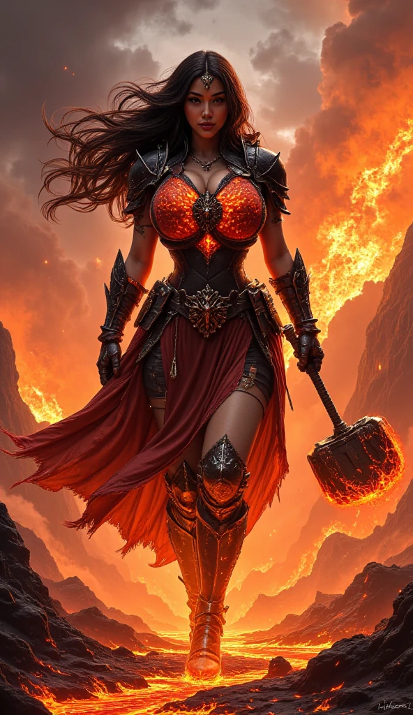 In this masterpiece, a stunning succubus warrior girl stands at the center of the frame, radiating an aura of mystique and beauty. The ultra-detailed 4K image presents her in front of the ominous (gates of hell) (with a vortex of red mana), surrounded by the fiery crater of an erupting volcano. The volumetric lighting casts a warm glow on her porcelain skin, accentuating the intricate details of her (sexy demonic lava armor). Her long, straight blonde hair are beautiful, framing her charming smile and captivating cleavage. The spellbinding atmosphere is punctuated by (thunderstorms and flashes of red lightning) in the surreal dark sky, as if the very heavens are conjuring her presence. The composition masterfully balances depth and complexity, drawing the viewer's gaze to the perfect body, with its flawless anatomy and tantalizing pose.
