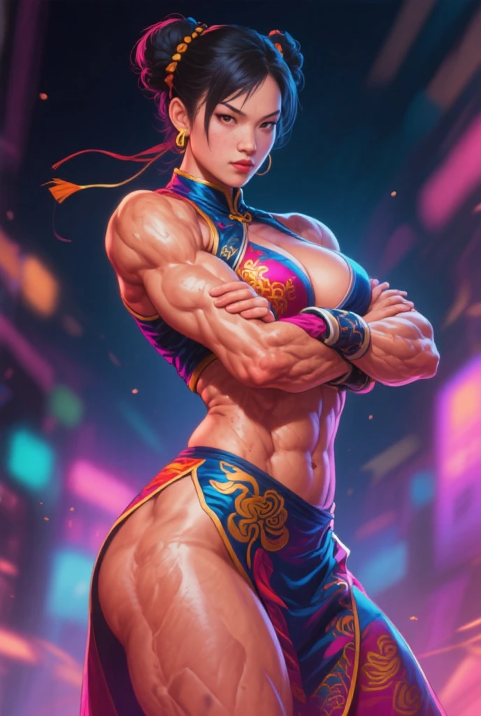 ((Best quality)), ((Masterpiece)), ((Realistic)) and ultra-detailed photography of a girl with goth colors. Chun- li, ((Chun- li)), dressed in (small black micro-thong, black micro-bikini:Star motif ) , ((Beautiful and aesthetic)), muscular fit body abs, Sexy, under-, Hot, (Cream gradient background), giant tits, huge breasts