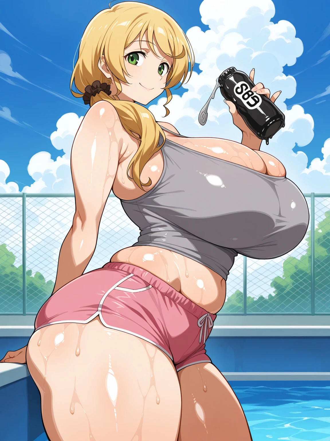tennis girl's massive nipples out of topless bow tie out bare and wet pants spreading her legs, wearing oven mittens behind head, blindfold