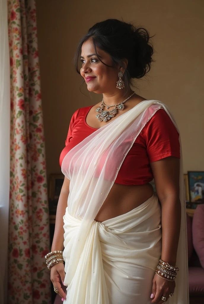 Indian woman masterpiece, best quality, ultra-detailed, (warm hue, warm tone: 1.2), wearing colorful saree big hook blouse, 20 years old, (((big tits1.8))),((Huge breasts 1.6)),(((Plump body 1.8))), (Indian instagram photo, Wearing hook blouse closeup face photo of 23 y.o Chloe in kebaya, Red Lipstick, sensual Lipstick, Sensational Make Up, cleavage, pale skin, (smile:0.4), hard shadows, White G-STRING, bright lighting