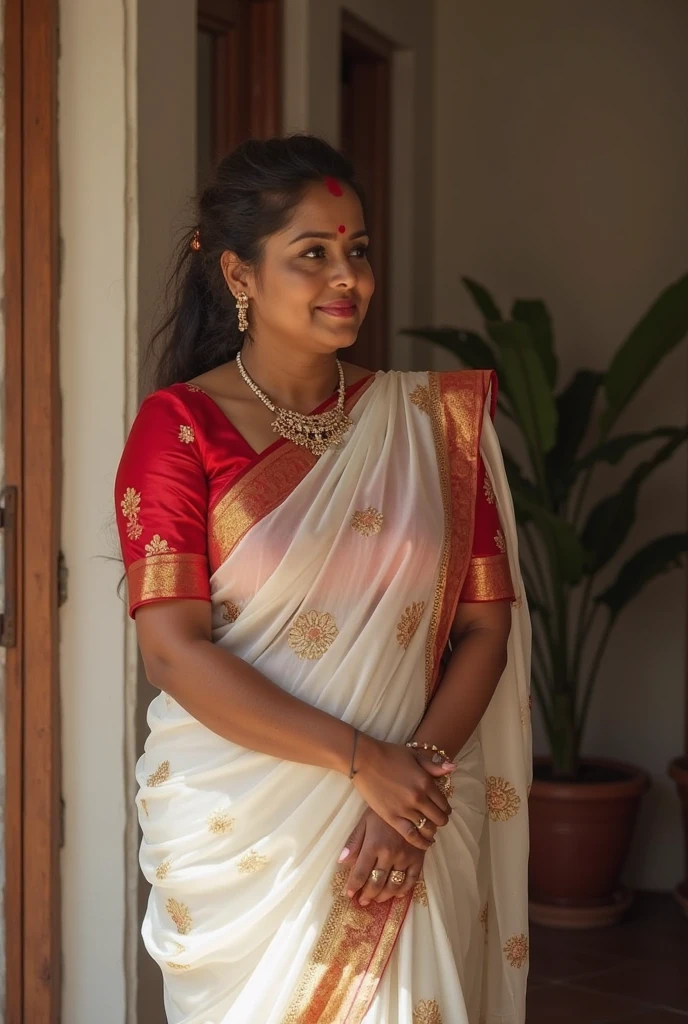 a woman in a white and red sari with gold jewelry, traditional beauty, traditional makeup, assamese aesthetic, wearing bihu dress mekhela sador, with professional makeup, with lovely look, indian style, very beautiful enga style, wearing gold jewellery, red and golden color details, coy expression wearing intricate, candid photograph, candid picture, traditional female hairstyles