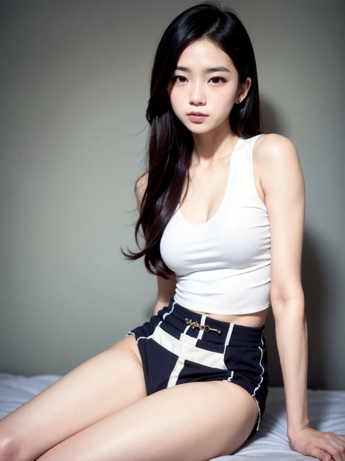 A white woman with black hair and shorts lying on the couch