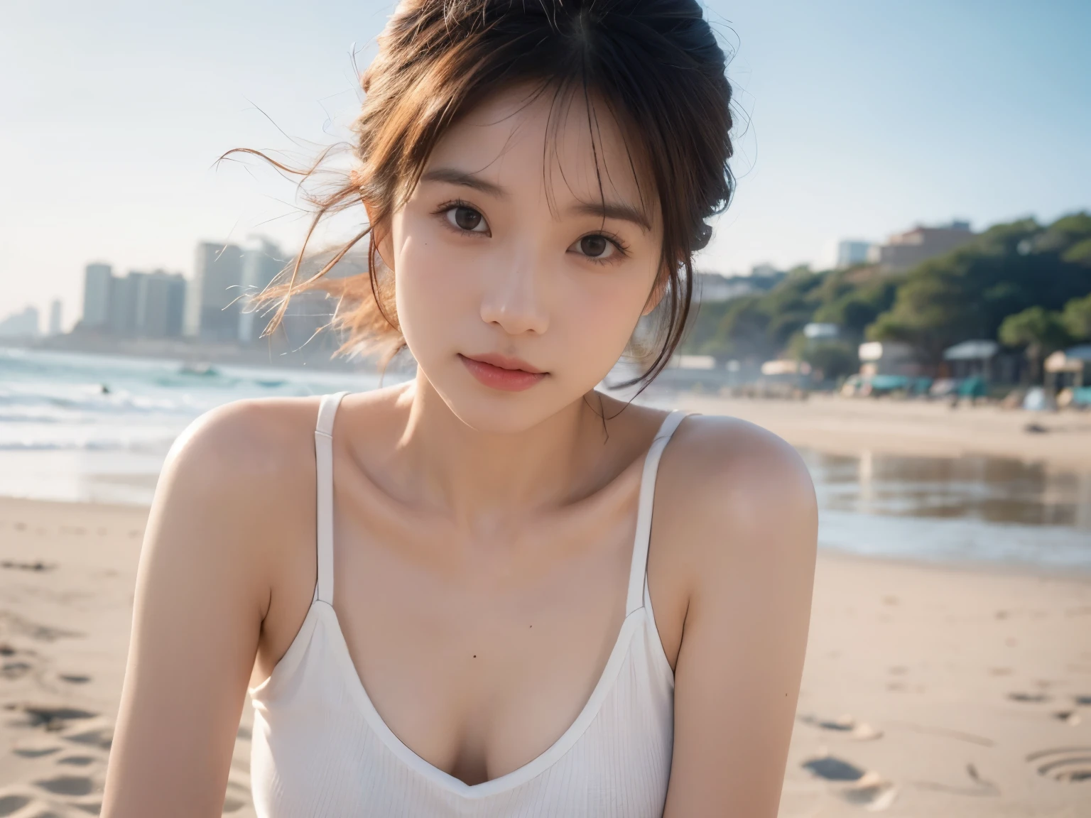 Highest qualityのリアル,Official Art,Very detailed CG Unity 8K 壁紙,Very detailedな,High resolution,Physically Based Rendering,Magnificat,In detail,masterpiece,Highest quality,Very detailed,Mature Beauty,Beautiful woman,One Girl,Moisturized lips,Sexy lips,Sexy smile,A kind smile, 20-year-old, Beautiful Skin,Smooth Skin, Shapely large breasts, Beautiful cleavage,Beautiful mature body,Swept-apart bangs,(Medium Hair:1.3), Beautiful attention to detail,Model shooting style,Japanese Idols,whole body, ((Beautiful Adriatic coast)),break,(T-Shirts),((On all fours:1.3)),Delicately drawn eyes,Cute Smile,女神のようなA kind smile,beautiful girl,Shooting from below, (Extreme Close-up)