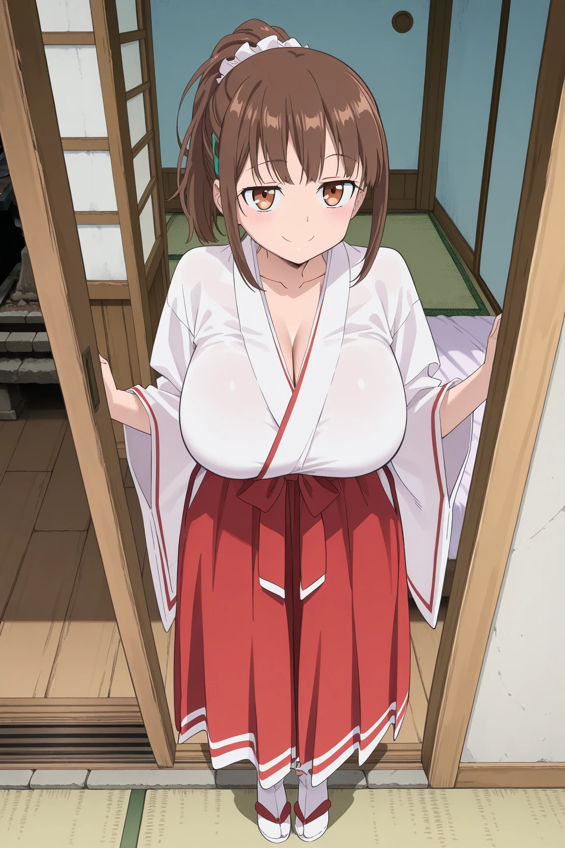 Green dress、Brown hair、ponytail、