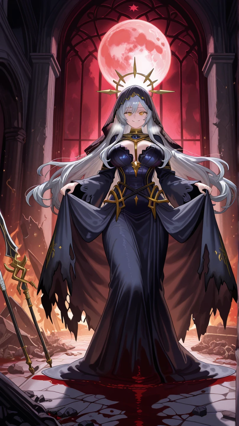 1girl,solo,white hair color,long hair,white skin,eye color purple,slanted eyes,sharp look,close mouth,super huge breasts,slender,Costume like a demon king,looking at viewer,smile,A purple flame burns Destroyed town background
