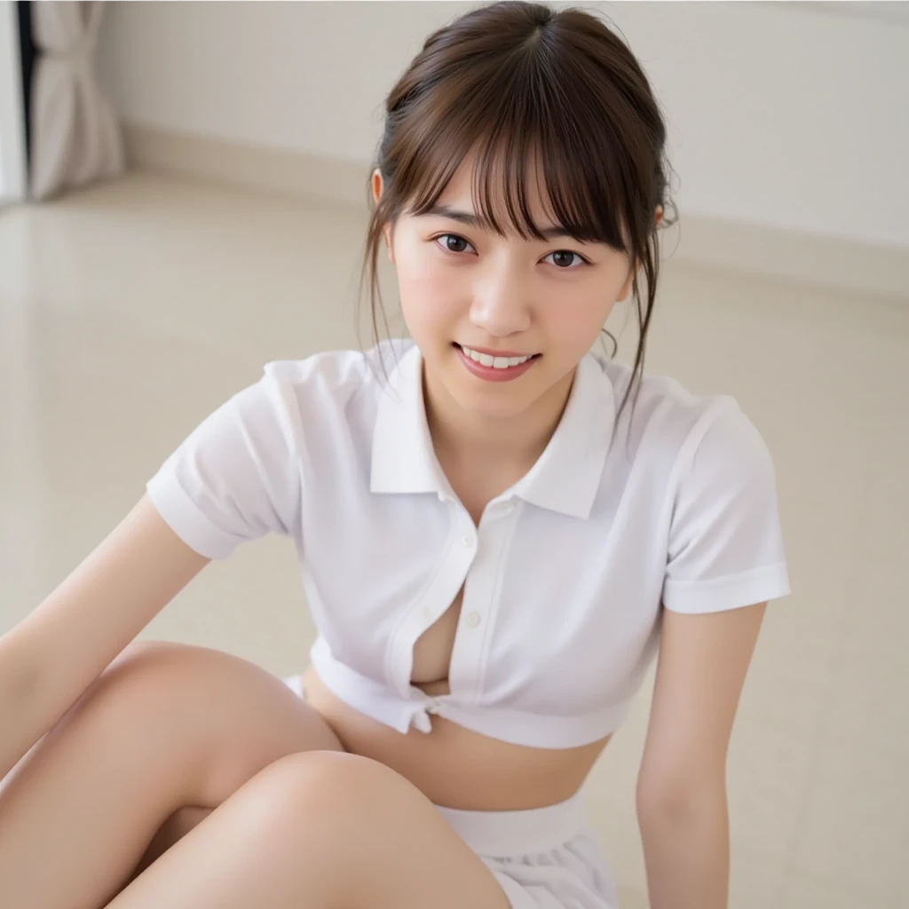 (masterpiece,Highest quality,High resolution,Realistic,photograph:1.2),(One high school girl:1.2), (((White polo shirt), Navy blue pleated skirt),(White sneakers),White socks),(Smiling with teeth showing and eyes narrowed:1.3),(Bobcut,Brown Hair,Natural Makeup, Eyelash extensions, Make your eyelashes thinner and longer:1.3),(Cowboy Shot:1.3),(16 year old Japanese girl:1.2),(Clothes that look good:1.2),(School corridor:1.3), (View the subject from below:1.2), (Panty shot:1.3), (Random sexy poses, Spread your legs, Squatting and tiptoe:1.3), (Place your hands behind your head:1.3)