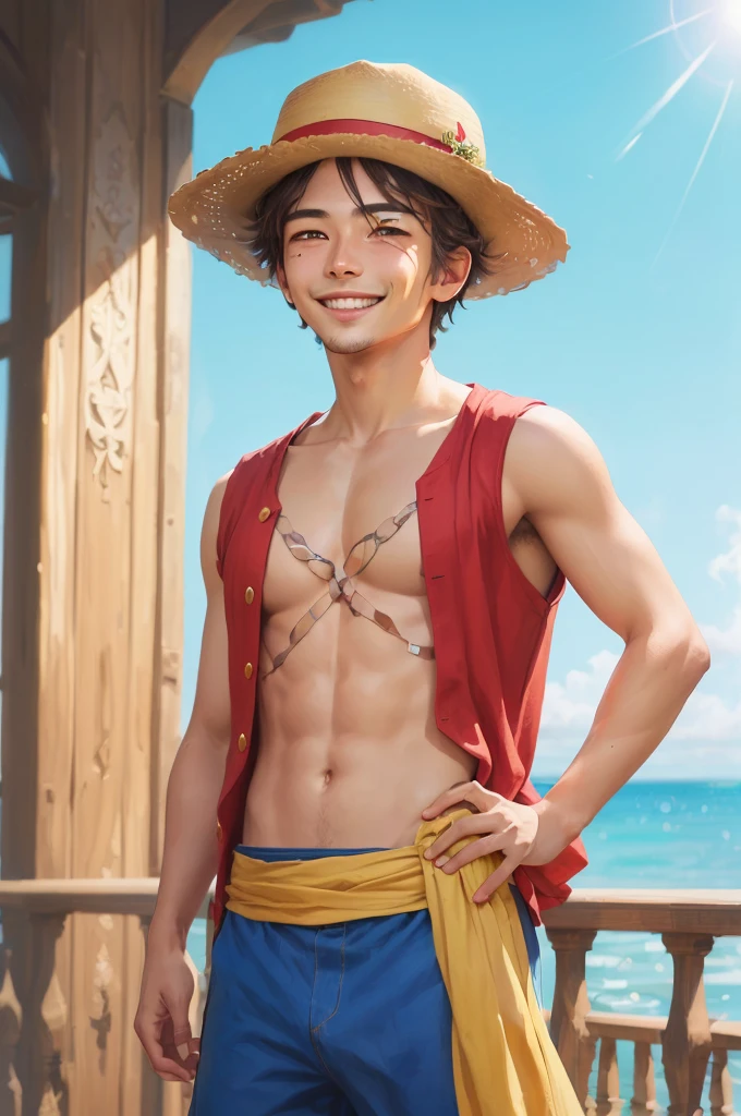 ((masterpiece:1.4, best quality)), ((masterpiece, best quality)), (photo realistic:1.4), 1boy, Japanese male, wanostyle, Monkey D. Luffy, ONE PIECE, straw hat, scars under the eyes, smiling, slender, muscular, pirate ship, sea, professional lighting, physically-based rendering