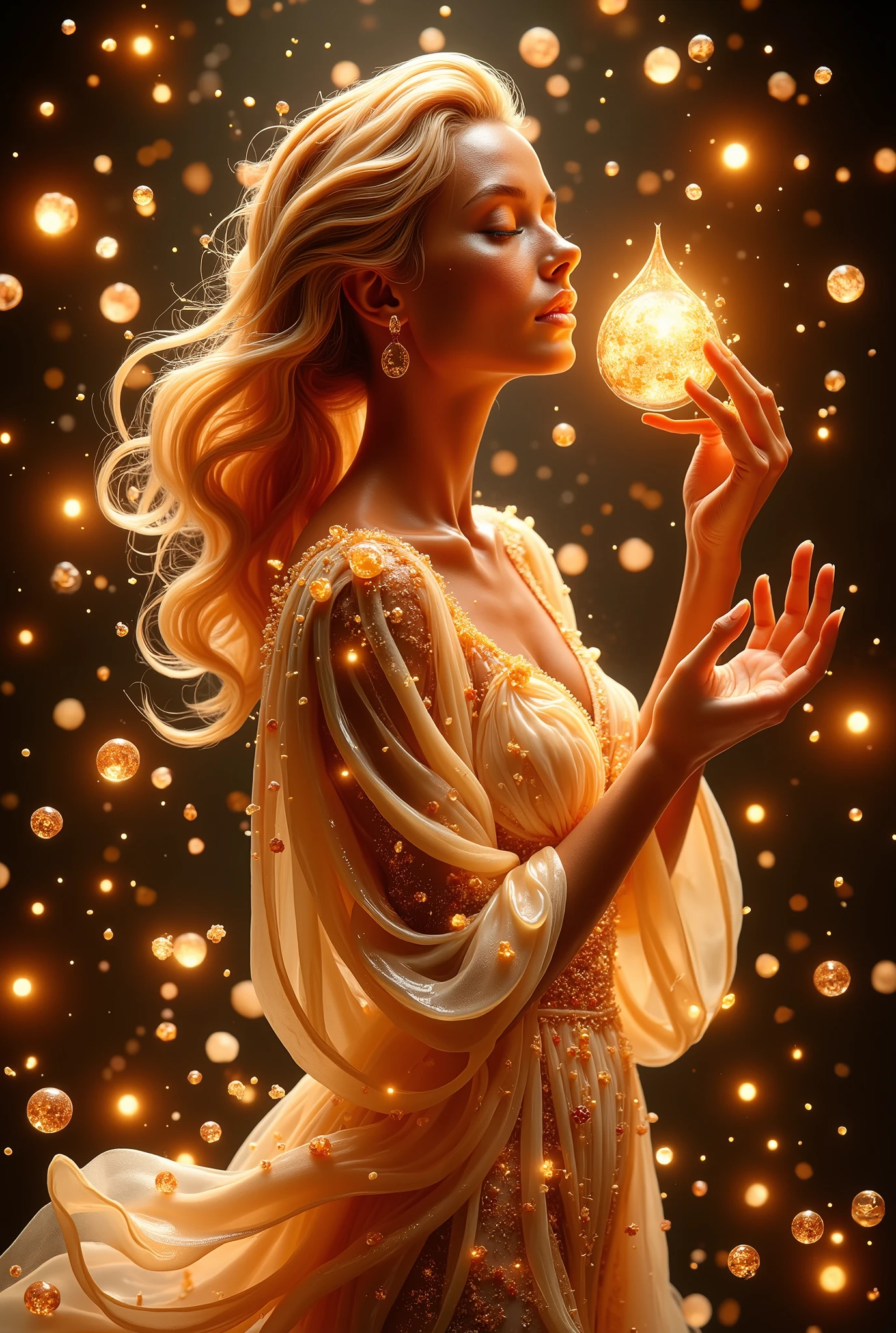 **"In the center of a radiant, dreamlike space, a breathtaking woman floats as if suspended in light itself. Her flowing hair catches the soft glow, shimmering with an ethereal brilliance as she moves with effortless grace. In her fingertips, she delicately holds a luminous chocolate, its surface dusted with the finest golden shimmer—almost as if infused with magic itself.
She takes a gentle breath before bringing the chocolate to her lips. The moment she takes a bite, the entire space pulses like a ripple in time. A wave of golden illumination bursts forth, enveloping the world around her in sheer enchantment. Light particles descend like weightless, glowing droplets, filling the air with a mesmerizing dance of brilliance.
The camera moves in slow motion, capturing every nuance of her expression—the subtle flutter of her lashes, the quiet sigh of bliss that escapes her lips, and the radiant smile of pure indulgence. The magic of the chocolate unfurls like a symphony of glowing lines, weaving through the air in delicate swirls, wrapping her in an ambiance of warmth and wonder.
In the distance, the faint hum of elegant music lingers, guiding the rhythm of the drifting golden light that floats effortlessly around her. As the final frame approaches, she reaches toward the sky, releasing a singular glowing chocolate drop that dissolves into the surrounding light, merging with the brilliance of the dreamlike world.
A smooth, velvety voice whispers— 'One bite, the gateway to your sweetest dreams.'
The screen fades to black, leaving behind a lingering glow that carries the promise of indulgence, elegance, and pure bliss."**