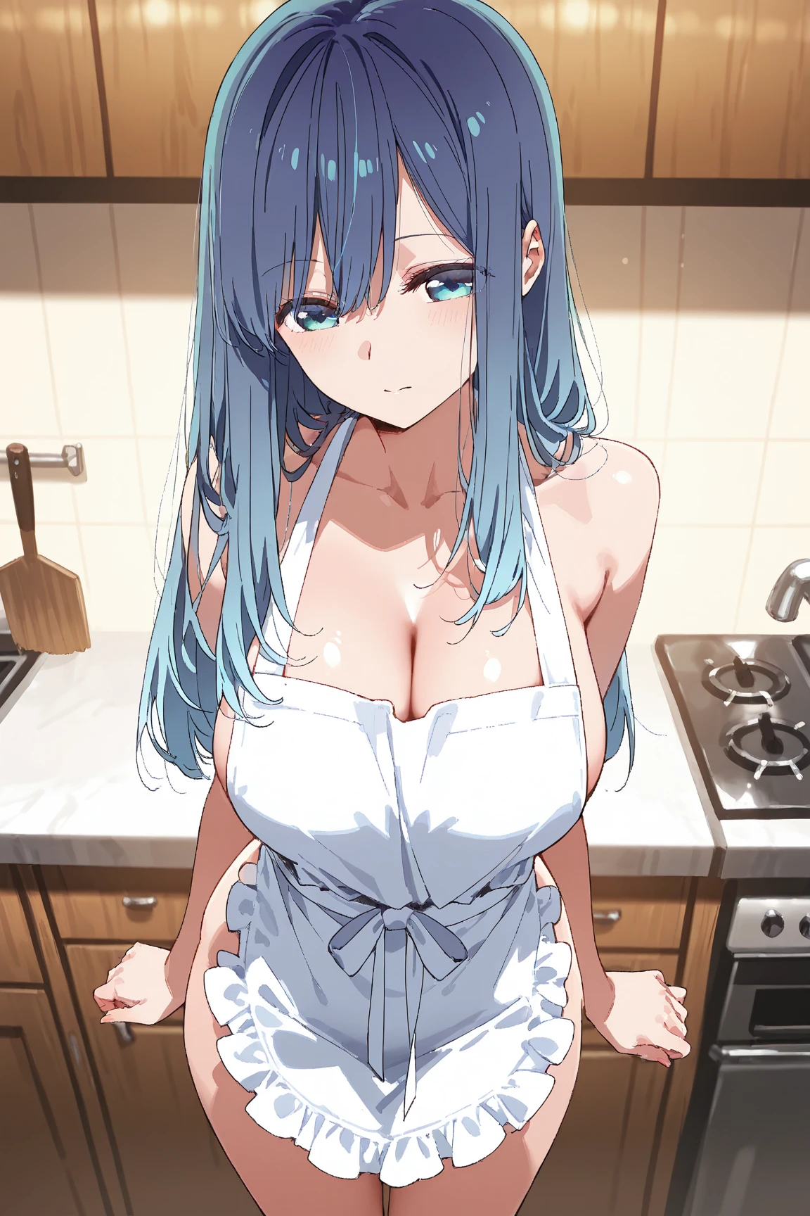 aqua hair, blunt bangs, hairclip, x hair ornament, very long hair, purple eyes .(nude, naked, 1girl, solo, ,large breasts , solo) ,,, nipple ,, (wearing nothing:1.5), empty eyes , ,, ,　, hospital, ,blue sky, cooking, sea　space