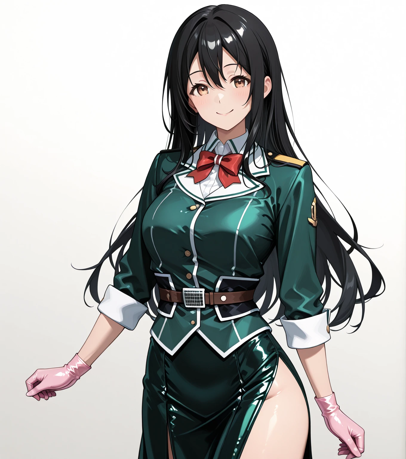 ,Huge breasts, Wide Hips, Shiny body, Shiny skin, expensive,Open your mouth ,View Viewer ,smile,Open your mouth ,Bright glossy screen,,black hair,,open mouth, ,,huge breasts,,narrow waist, , eyelashes, eyeshadow, lips,, 8k, hdr, raytracing,long hair, chikumaKC, single elbow glove, single glove, pelvic curtain, military uniform, military, puffy short sleeves, red bow, uniform, bowtie, puffy sleeves, short sleeves, jacket, bow, gloves, shirt, solo, milf,hands on hip