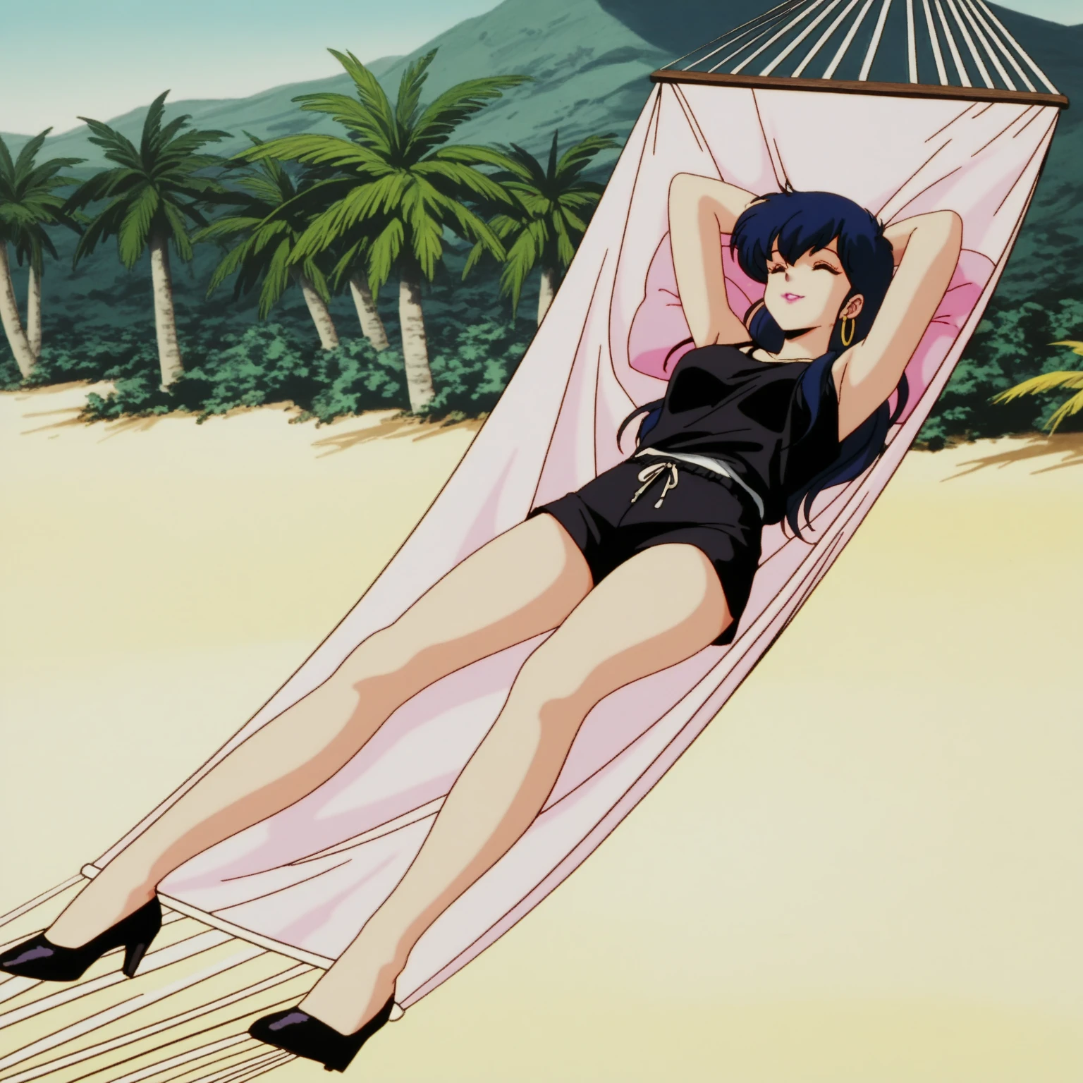 rating_explicit, beautyful woman, perfect face, detailed, lady from devil may cry, black bra, black panties, sexy face, milf, lying, crossed legs, sunglasses