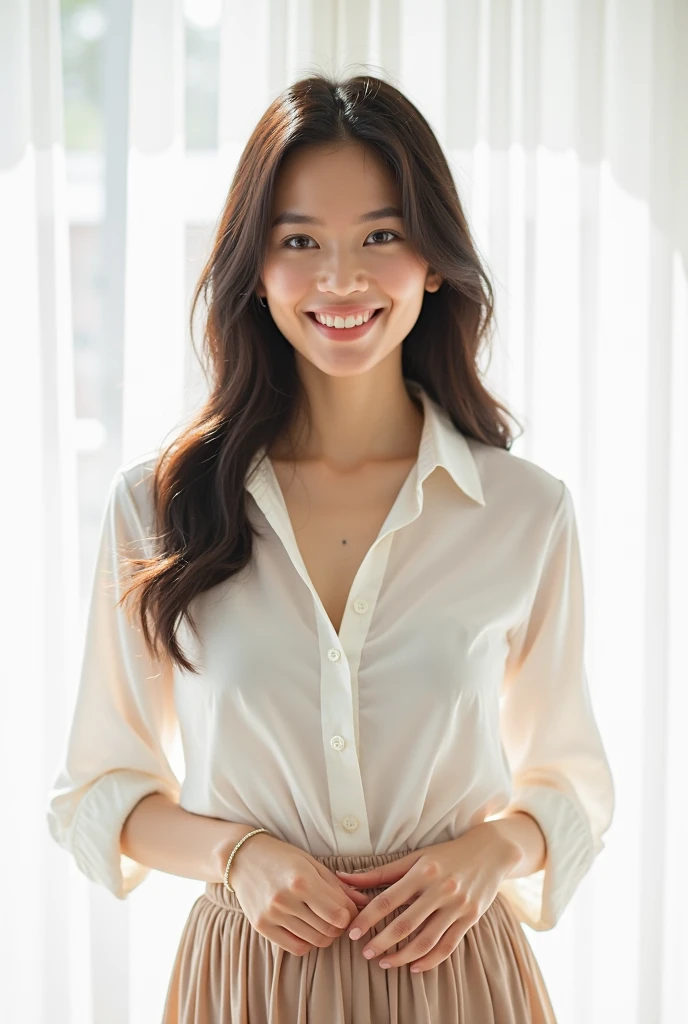 Tabletop、Highest quality、Genuine、Very detailed、finely、High resolution、8k wallpaper、One beautiful woman、light brown disheveled hair、Sharp focus、Perfect dynamic composition、Beautiful and detailed、Thinning hair、詳細なGenuineな肌の質感、smile、Close-up portrait、Model body type、smile、29-year-old Japanese woman、A long-sleeved white button-down shirt、Black Skirt、Silver glitter rhinestone belt、necklace,White Tote Bag,Chest-length straight long hair, Center of chest, Natural color lip, Random sexy poses,In front of a cafe near Tokyo Station,Front image、The whole body is shown from head to toe,Anatomically correct body