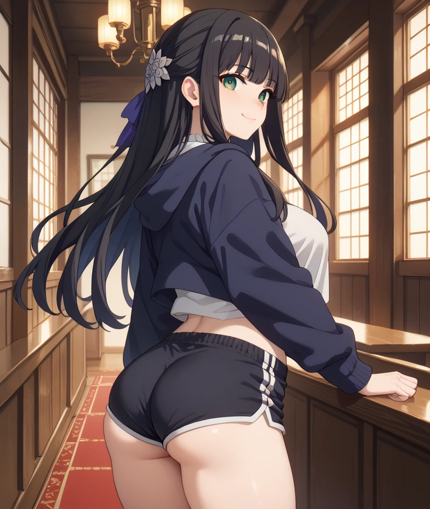 masterpiece, best quality, high resolution, yunyun1, 1 girl, red eyes, solo, thigh high, tie, skirt, braid, long hair, pink tie, big breasts, mid waist, wide hips, wide thighs, belt, accessory decorations hair, black hair, hair bow, braided crown, long sleeves, brown hair, two pigtails, cowboy shot, looking back, from behind, ((focus on butt:1.4)), point of view (from below)