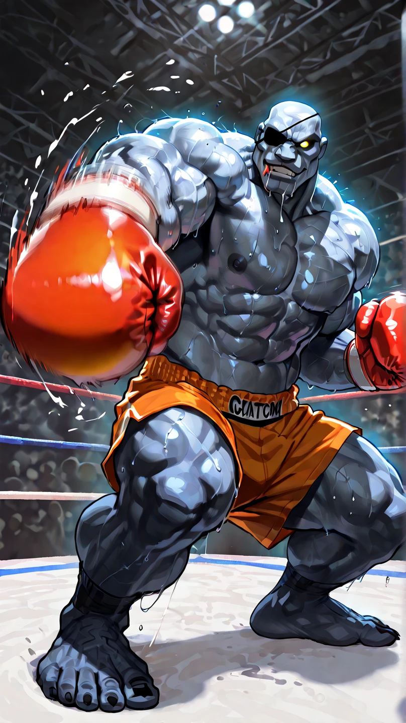 ((solo) full height), anthro horse male, (grey fur, black mane, darker nose and hands:1.5), ((equine tough face, big eyes, blue pupils, cute:1.3)), male, late fourties, athletic, abs, (veiny, ripped muscles, flat chubby stomach:1.3), (correct anatomy, heavy build, wide torso, small head:1.7), (realistic fur, detailed fur texture, dripping sweat:1.3), detailed bright background boxing ring, photorealistic, (boxing shorts, boxing gloves:1.3), (boner with outline:1.2), bare torso, hooves,(detailed clothing), hyperrealistic, ultradetailed, by kenket, natural lighting, (muscular, sweaty, wet, steaming exhausted:1.3), flexing, (sad, calm expression:1.2), dynamic (fighting:1.3) pose