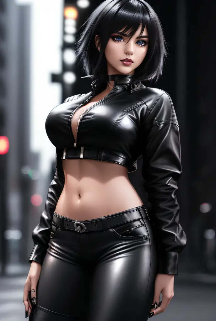 beautiful girl, ((standing:1.4)), (confident gaze:1.1), full body, short bright neon streaked black hair, ((large light realistic highly detailed eyes:1.4)), ((seductive pose:1.2)), black eyeshadow, (street style wear:1.2), ((tight fitted pants)), ((knee high leather boots)), (dark city night black background:1.4), dark makeup, digital art, trending on artstation, highly detailed, fine detail, intricate, beautiful detailed glow, detailed, Cinematic light, high-res, detailed facial features, sharp focus, smooth, aesthetic,