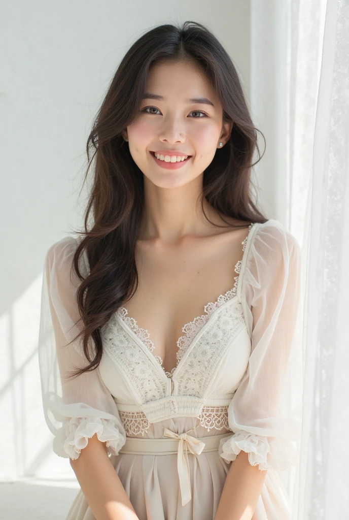 ((((highest quality))))、(((Ultra-precision CG16K wallpaper)))、(((masterpiece)))、(((Super detailed)))、(((super extreme details)))、1people's women、mature woman、25 year old woman、((Japanese face))、((very beautiful face))、((Minami Tanaka:1.5))、((Soft wave semi-long hair:1.3))、(shiny hair)、bangs up to eyebrows、beautiful brown hair、beautiful delicate eyes、brown eyes、raised eyebrows、high nose、small nostrils、small mouth、seductive lipouth slightly open、beautiful breasts、C cup size breasts、cleavage、plump body、perfect proportions、perfect anatomy、perfect composition、beautiful detailed shading、beautiful natural lighting、beautiful detail glow、Depth of the bounds written、(((High chroma)))、(((real:1.9)))、((vivid:1.4))、((beautiful skin))、((skin texture))、((realな皮膚感))、(((bust shot:1.5)))、((Angle seen from the front:1.5))、((smile:1.4))、(Eyes looking at me:1.5)、bright sunshine、(((plain background:1.3)))、(model pose:1.5)、(((Beige lace bikini lingerie made of thin fabric:1.6)))、
