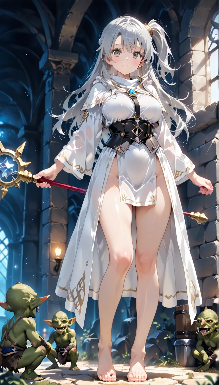 Anime style. Girl. The world of swords and witchcraft. White underwear. Miniskirt. Big tits. Mansomi. Sit and open the crotch.