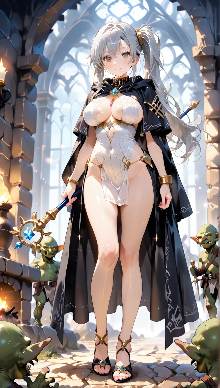 Incredibly beautiful elven female with silver hair, shapely body, fancy, intrikate, chic, highy detailed, digitalpainting, art stations, conceptual artwork, Soft, sharp focus, illustration, arte de artgerm y greg rutkowski y alphonse mucha, semi new, quase nua, metal panties DOURADO, metal panties, NUDE, ARMOR PANTIES, golden cloak, USANDO GRANDE golden cloak