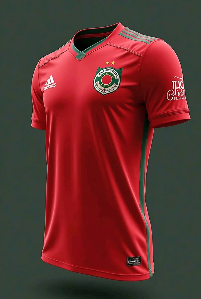 Customized football uniform in light green primary color with red horizontal stripe with white and orange details and black shorts with shield on the left side of the chest with the word bela vista written on it