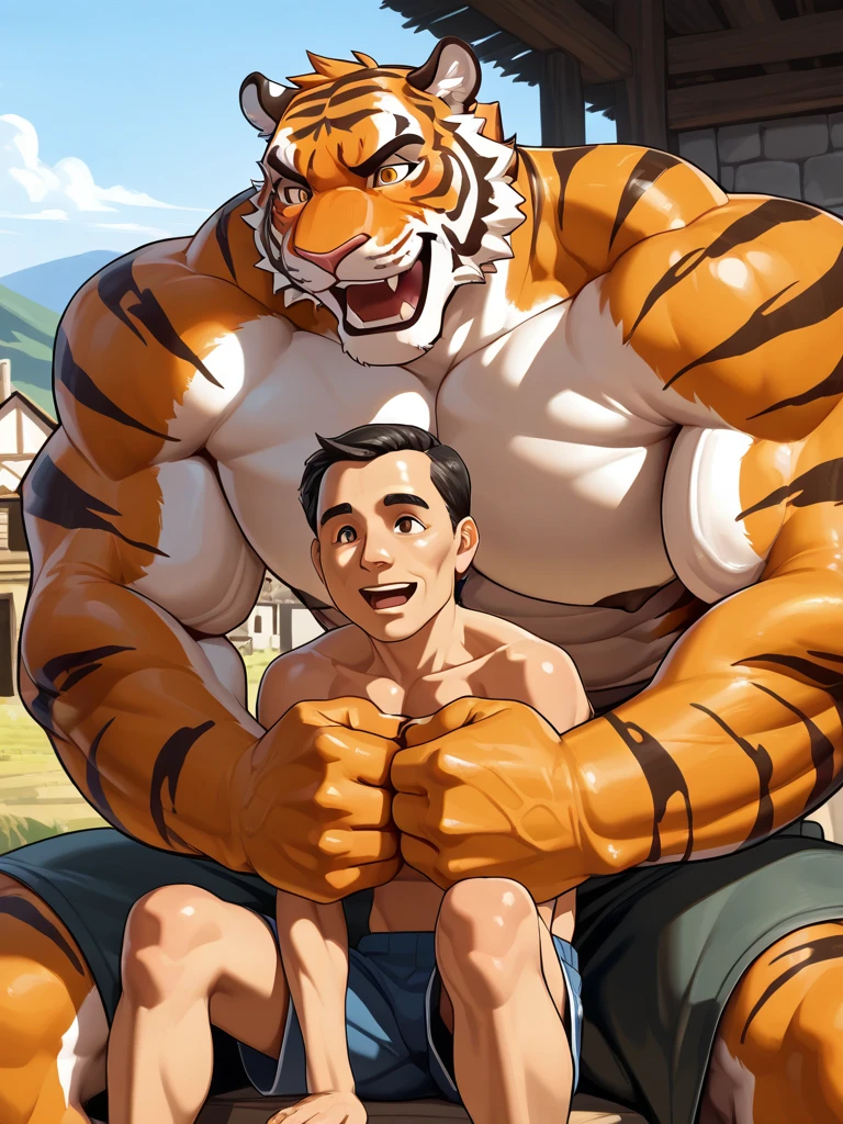 duo, 2boys, muscular furry tiger, very huge pectoral, shorts, tshirt, sitting with a guy (male human, old man, old, muscular), village, detailed face, sfw, happy, open mouth, detailed eyes, wide shoulder, thick arms, wide pectoral, muscle, short hair:1.2, detailed eyes, focus eyes, shirtless, masterpiece, semirealistic:1.2, high detailed, 8k, high resolution
