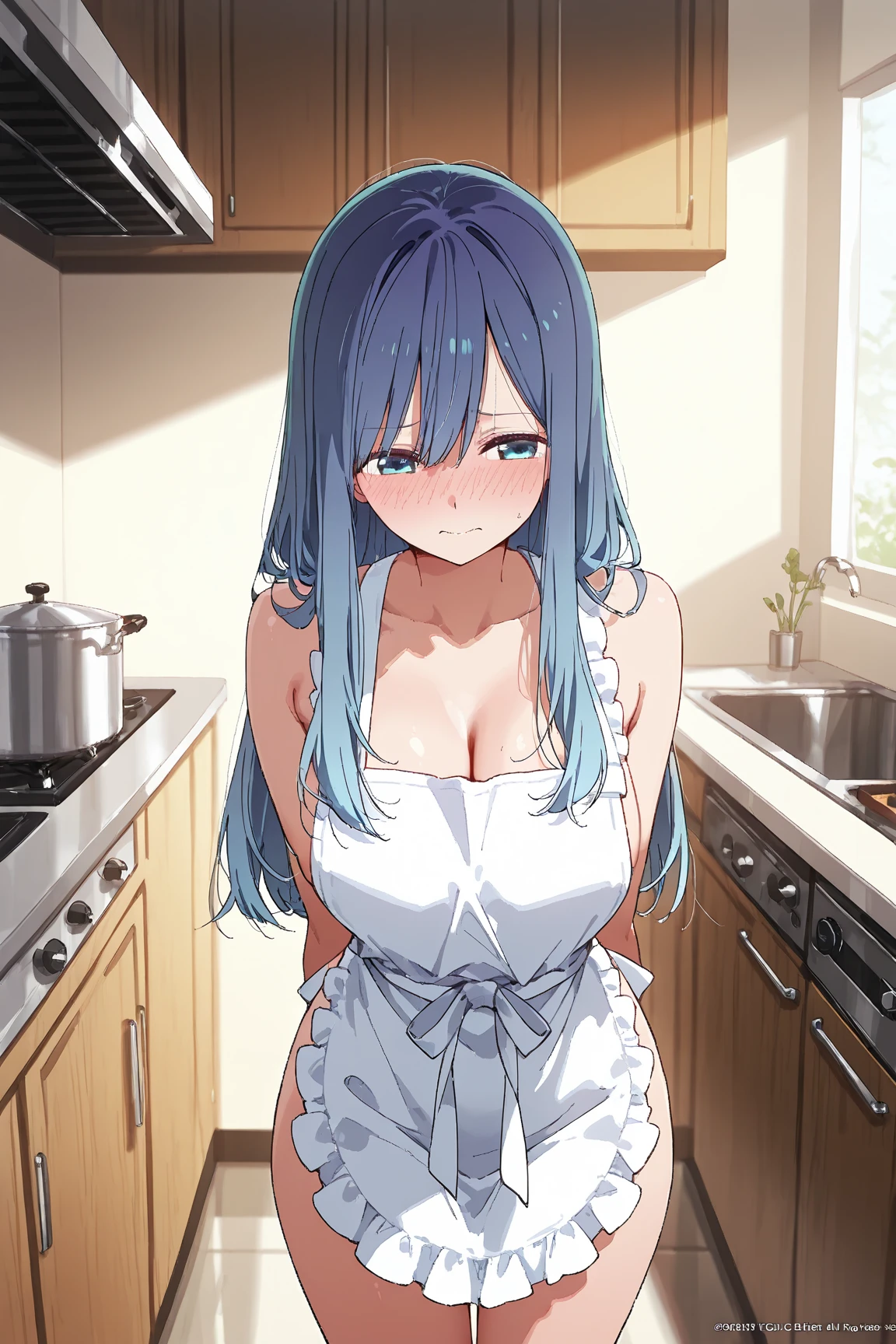 1girl, female, solo, masterpiece, high quality, huge breasts, shining breasts, perky tits, blush, tomoe, aqua hair, long hair, ponytail, hair between eyes, black lace bra, black lace panties, black lace lingerie, washing machine, in laundry, upper body