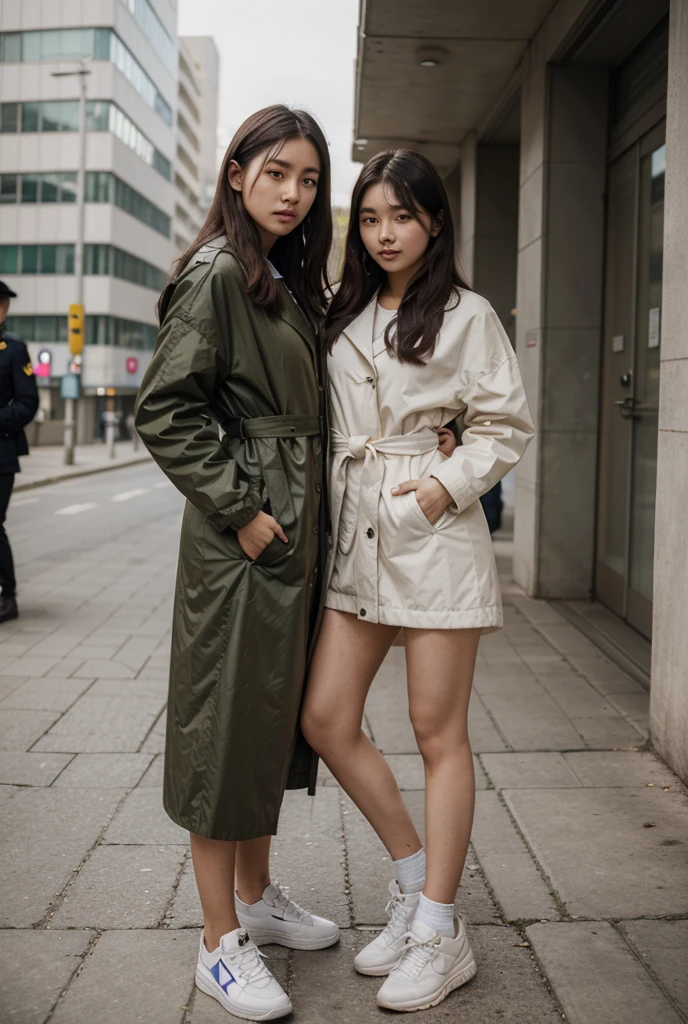 photo of two 20yo Indonesian women with black hair, wearing latte coats and slayers standing arm in arm in a Tokyo city park, with a pink and white backdrop, view of cherry blosso