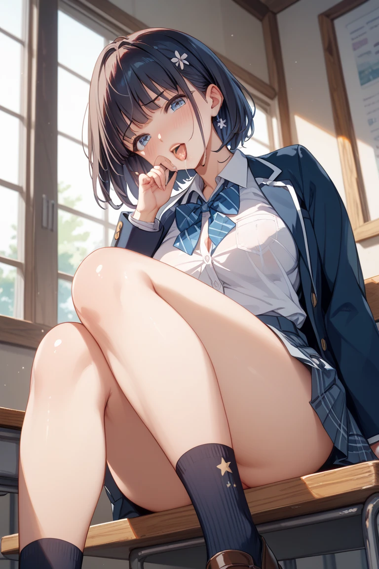 (((Stand with your legs stretched、Shooting from below))、(((Accentuate the crotch、Shiny underwear)))、Highest quality, 8k, masterpiece :1.3)), whole body, Sharp focus :One Girl,Glowing Skin,SSexy pose,Highest quality,Tabletop,shape,Very delicate and beautiful,Hmph,8k壁紙,wonderful,In detail,Official Art,Very detailedなティッカーUnity 8k壁紙,Unbelievably ridiculous,Large file size,Very detailedな,High resolution,Very detailed,Beautiful detailed,Realistic,X-ray,The queue is full,(((Uniform Blazer、mini skirt)))、(((Big Breasts、Black Hair)))、(((School、classroom、loose socksを履く)))、Stand upright、Cleavage , ((Black Hair、loose socks))、Uniform Blazer、Sexy pose、Hairstyle: Short.、both hands、長いloose socksを履く