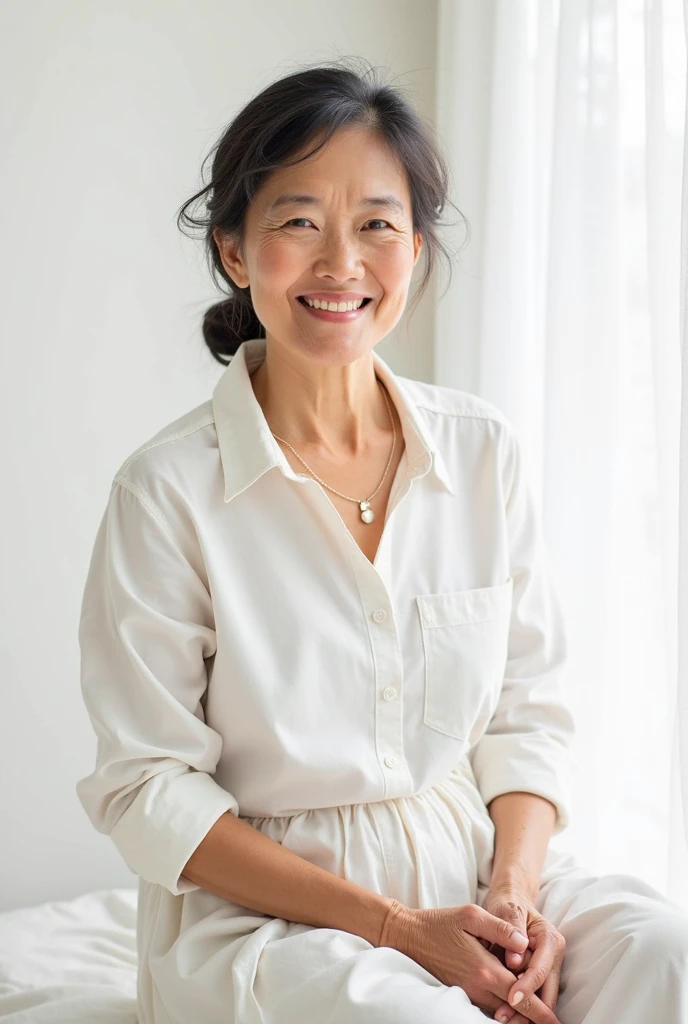 ((top-quality8K, masterpiece:1.3)), Photorealsitic, foco nítido, high level image quality, hight resolution)), Portrait, Solo, japanes milf, full body Esbian, kneeing pose, Shorthair, big breast, Wrinkles at the corners of the eyes, in indoor poolside, plump:0.5, ((sweaty half sleeve clothes:1.3, white shirts, sports pants))、