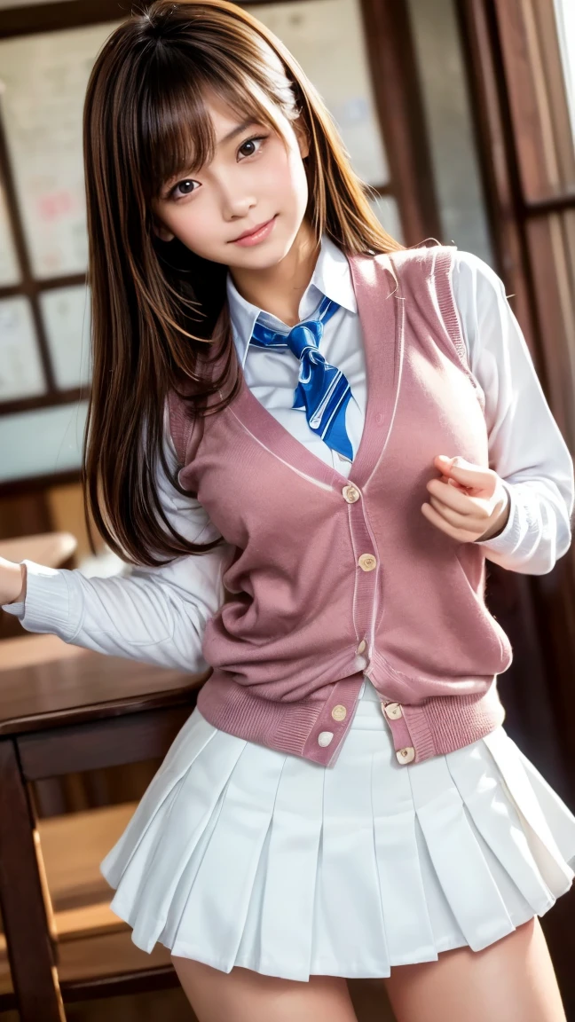a closeup, masterpiece, top-quality, FULL ANATOMY、Raw foto, Photorealsitic、(Cute little face:1.8)、(Innocent smile:1.7)、(with round face:1.9)、(She looks like an idol and is cute:1.7), (A dark-haired)、(very cute school uniform:1.6), depth of fields, hight resolution, ultra-detailliert, finely detail, ighly detailed, extremely detailed eye and face, Realistic pupils, foco nítido, Cinematic lighting、18-year-old woman、(One lady、独奏:1.7)、 (poneyTail、curlyhair)、The background is in nature、Very detailed 8k wallpaper、Show me your whole body、Looking at the camera、(Too short plaid pleated skirt、I can see the white panties、Plump panties、Lift the hem of the skirt with both hands、Showing her panties to the camera:1.7)、(Pink Fishnet Stockings)、(Brown Long Boots:1.4)、is standing、Angle from below、(Thigh close-up:1.7)、(Nice figure、big breasts thin waist)、(Clothes with emphasized chest bulge、Colossal tits:1.5)、depth of fields、Bokeh in the background
