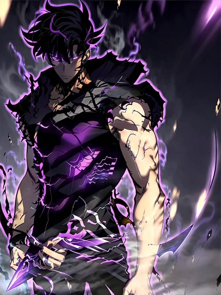 <lora:SungJinwoo:1>1man,1boy,muscualr,black hair,purple eyes, trained, suit,solo