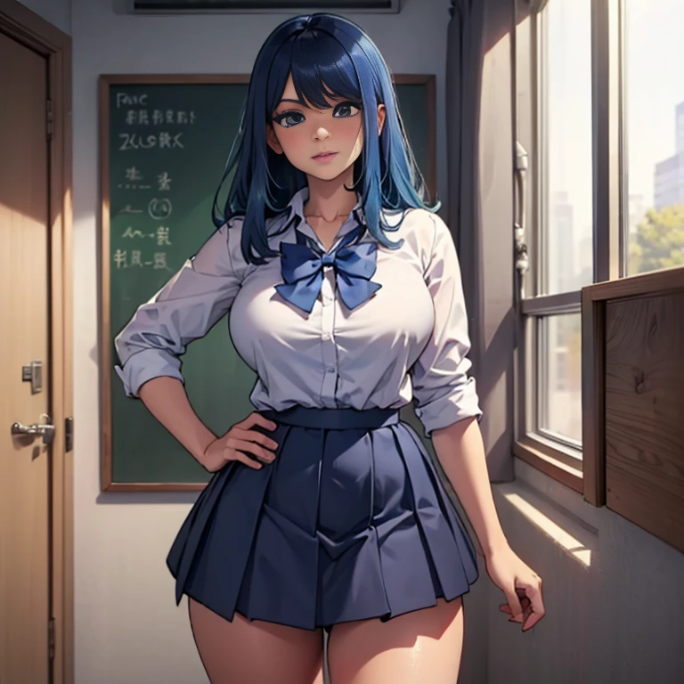 (masterpiece, best quality), 1girl, blue curly hair, crop top, pleated skirt, bedroom, striped thighhighs, cleavage, wide hips, hourglass figure,