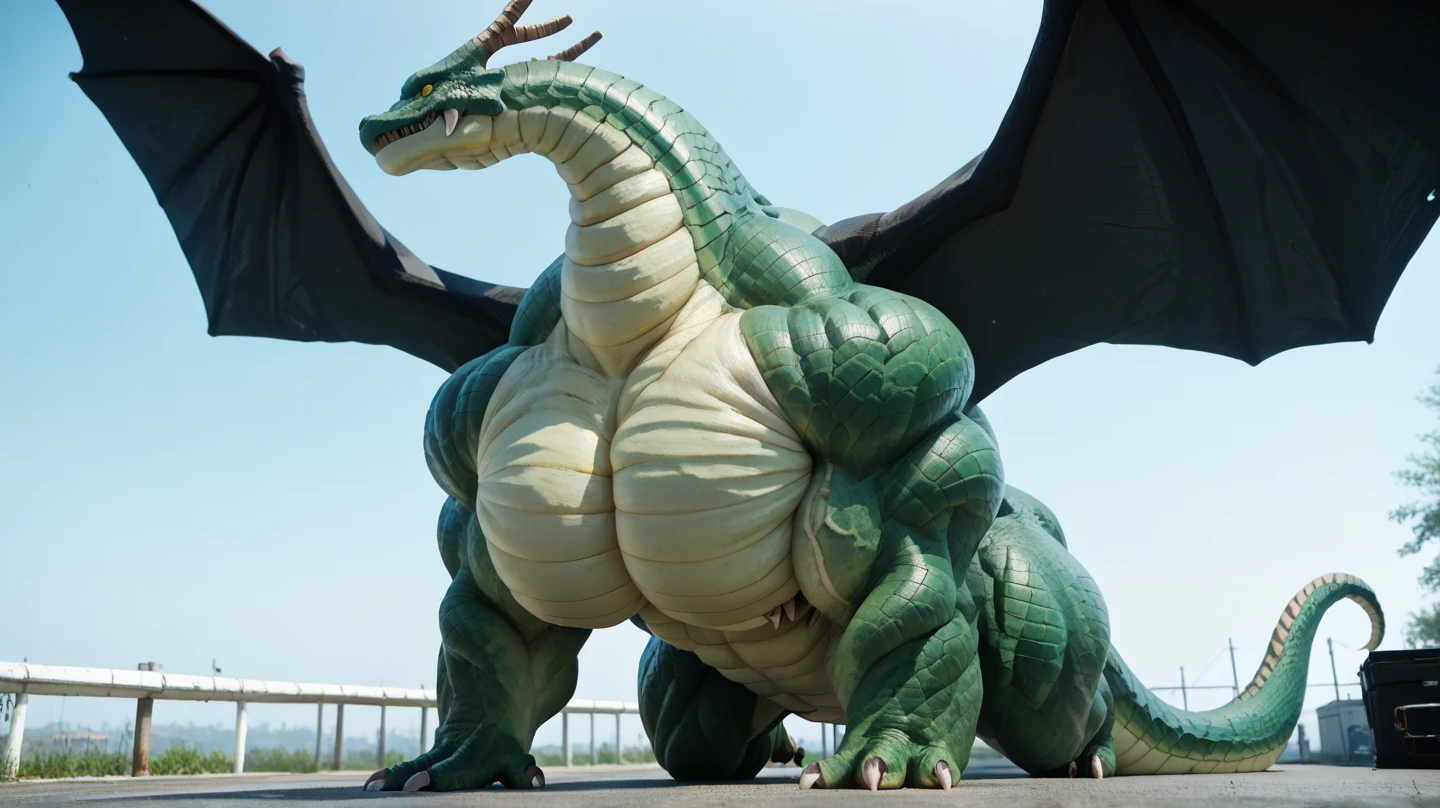 very obese male dragon、Pitch black abdomen、Scales all over the body like a crocodile、big anime style eyes、high quality face、Spiky silver mane、A body covered with a lot of fat、Abnormally obese head、Fatty cheeks、A lot of fat on the neck、A belly so obese it covers the ground、Abdomen swollen enough to touch the ground、A huge, mountain-like swollen abdomen、Abnormally obese limbs、A body that seems to be crushed by a huge abdomen、A body that fills the screen、tail、Composition from the side、sideways body、Face looking sideways、displeased look、angry look、Gritting teeth、lots of drool、Angle looking up from diagonally below、thick tongue、Inside the shabby toilet、Dirty toilet background、