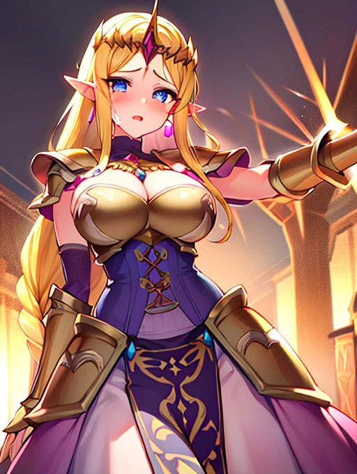 anime style, 1girl, gorgeous elf sorceress, huge breasts, flat color, wide angle, fine art filigree, intricate hyperdetailed, maximalist art, intricately detailed, complex, elegant, expansive, fantastical, epic pose, bare hips
