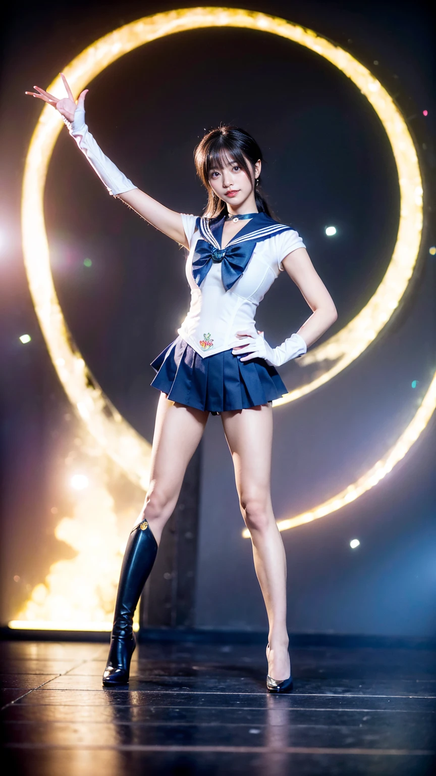 (8K、RAW Photos、Highest quality、masterpiece:1.2)、(Realistic、Realistic)、1 Girl、((Sailor Moon Costume:1.2、Thin legs、whole body、View from the front、smile、Looking into the camera、Hold your skirt with both hands and show me your panties))、cute