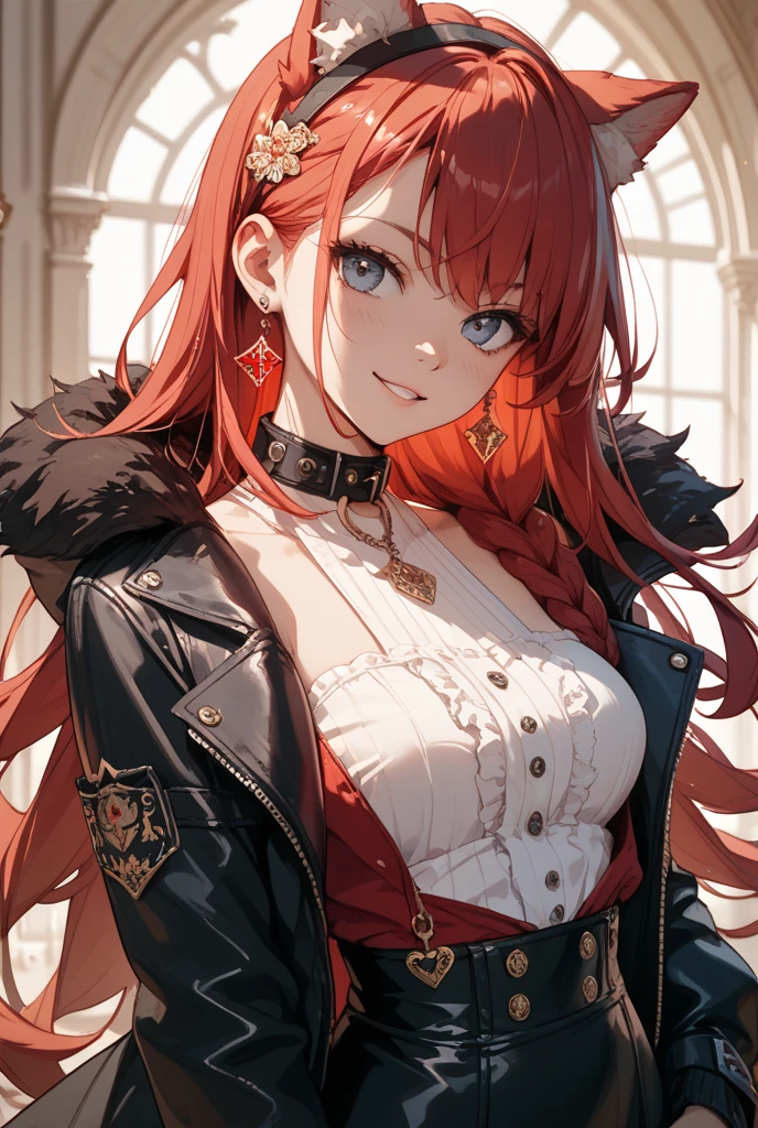 (masterpiece), best quality, expressive eyes, perfect face,red hair,wavy ponytail,cleavage,big breasts,((red dress:1.3)),(black stockings),(black fur coat:1.4),(thigh gap 1.5),bracelet,smiles,luxury dining hall,royal ballroom background,studio lighting,standing,cowboy shot,looking at viewer, eyeshadows, eye liner,glistening eyes, hyper detailed eyes, intricate eyes, beautiful eye,((glowing red eyes))、smilling face,standing,seductive pose,bangles,earrings 