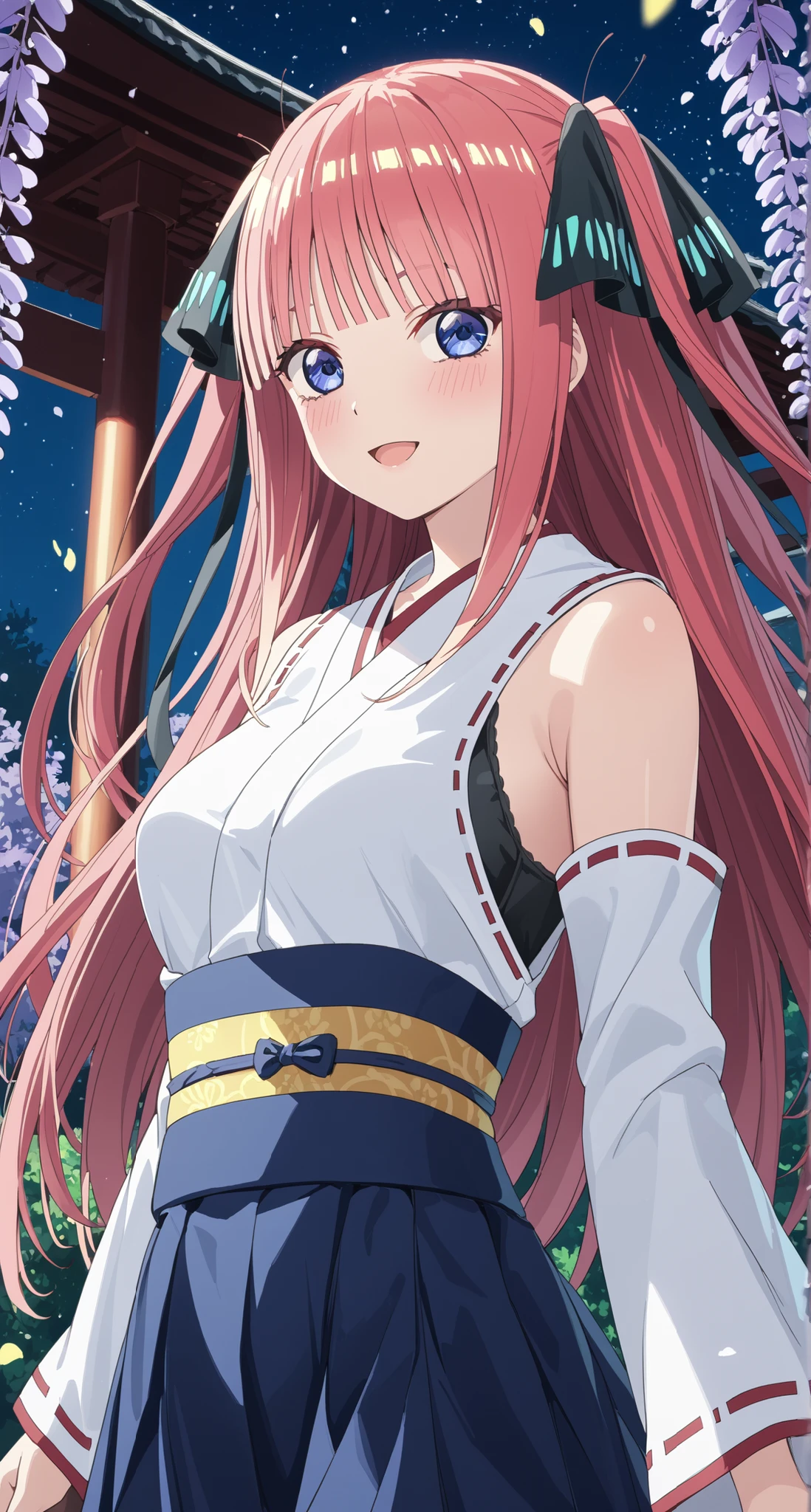 nsfw,nakano nino,glass cover,side shot,alternate color,masterpiece,detailed illustration,lifelike,{{{Cute 1nakano nino}}},shiny beautiful woman,cinematic lighting,dynamic angle,dynamic pose,depth of field,miko,looking at viewer,long hair,pink hair,shiny hair,hime cut,twintails,two side up,hair ribbon,butterfly hair ornament,blue eyes,blush,medium breasts,black bra,sleeveless,Detached sleeves,blue skirt,yellow obi,open mouth,light smile,shrine,wisteria flowers,wisteria confetti,night,night sky