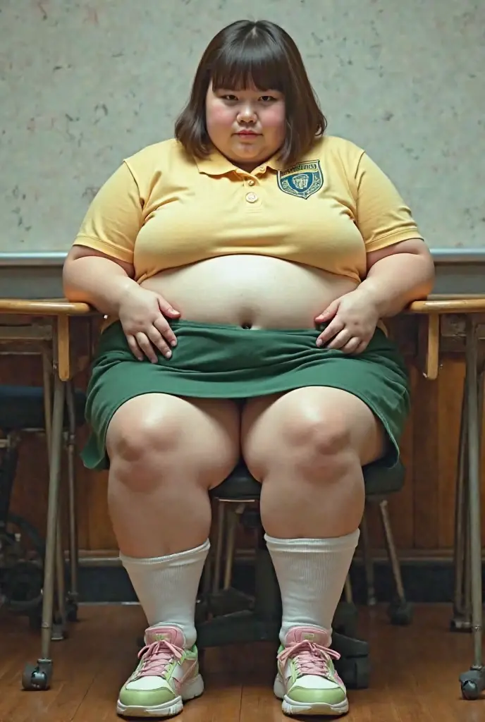 Fat  girl , agevery fat , obese , extremely fat , full body , at the school 