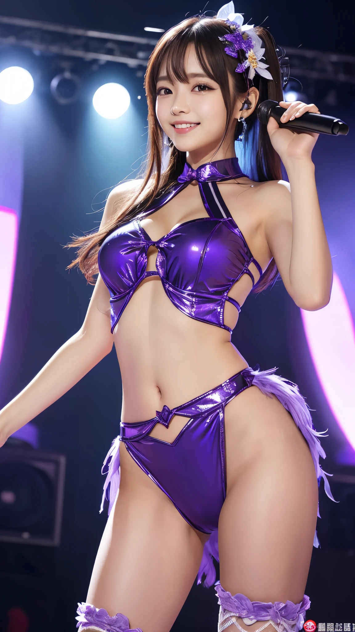 See-through idol costume、Chest opening、Transparent nipples、Leaning forward、6 Girls、stage、Purple Hair