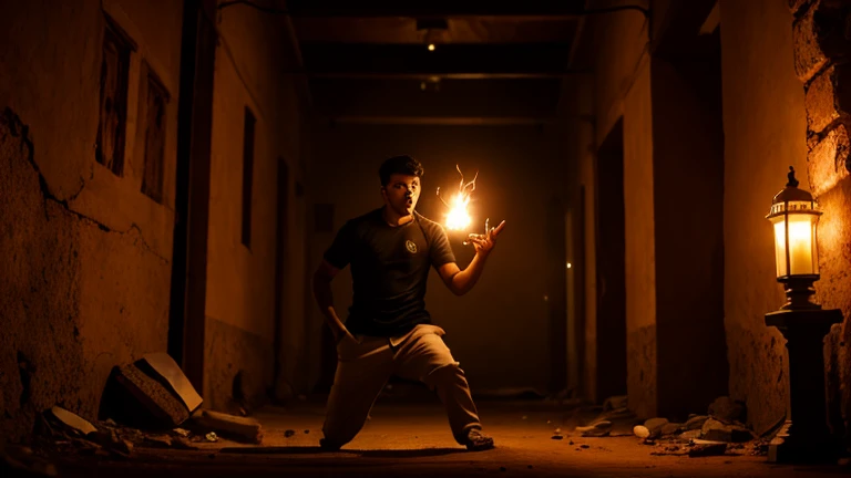 "An indian boy on Hyper realistic lightning stage at night, with an 8K resolution and a highly detailed, realistic face."