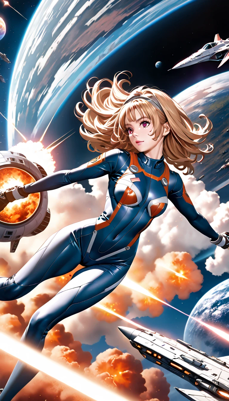 full body, a woman walking on the moon. low gravity, earth in background<lora:Joan LandorLoRA:1> joan, blonde hair, with, red suit, beautiful eyes, beautiful girl, high detail skin, high detail eyes, high detail hair, highres, ultra detailed, horny smile, Highly detailed,masterpiece, best quality,