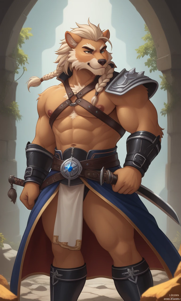 Solo Sexy anthro furry wolf male; ancient Mediterranean desert warrior; slim mesomorph handsome model apperance apperance; anthro muzzle head shape leather helmet mask with eye holes; anthro muzzle head shape leather helmet mask with eye holes, anthro muzzle head shape leather helmet mask with eye holes,; sexy toned muscules; sword scars; worn out rusty sexy skimpy armament. He has low on hips heavy leather studded heavy belt. he has very old worn out jockstrap (smelly jockstrap fetish); His jockstrap it is made of old white linen material sewn together from a few pieces, it has never been washed, it is dirty and has stains from secretions of dried semen and sweat; His armor is old heavy brown harness with armlets studded with spikes; rusty old skimpy heavy breatsplate armor; he has old brown leather BFR Bands on Biceps and his thighs, he has old worn out fingerless leather gloves. His armor is in ruin, it is very very old and dirty, rusted, dirty, old worn out, rusty heavy skimpy breastplate. Even though he is a handsome and sexy man, he has a sloppy appearance, has disheveled unwashed dirty fur, dirty body look. he smells, he has stains from old blood, dirst, cum, mud, smelly furr, disgusting bastard looking. Mediterranean sunny pine forest background; spread legs, licks his lips, horny for sex, sticks out his sexyerection dick, precum drops, dick erection above jockstrap, jockstrap on the blls, licks his lips, horny for sex,Mediterranean sunny pine forest; he has a proud, threatening and defiant expression on his face, with little dirty dangerous smile;
