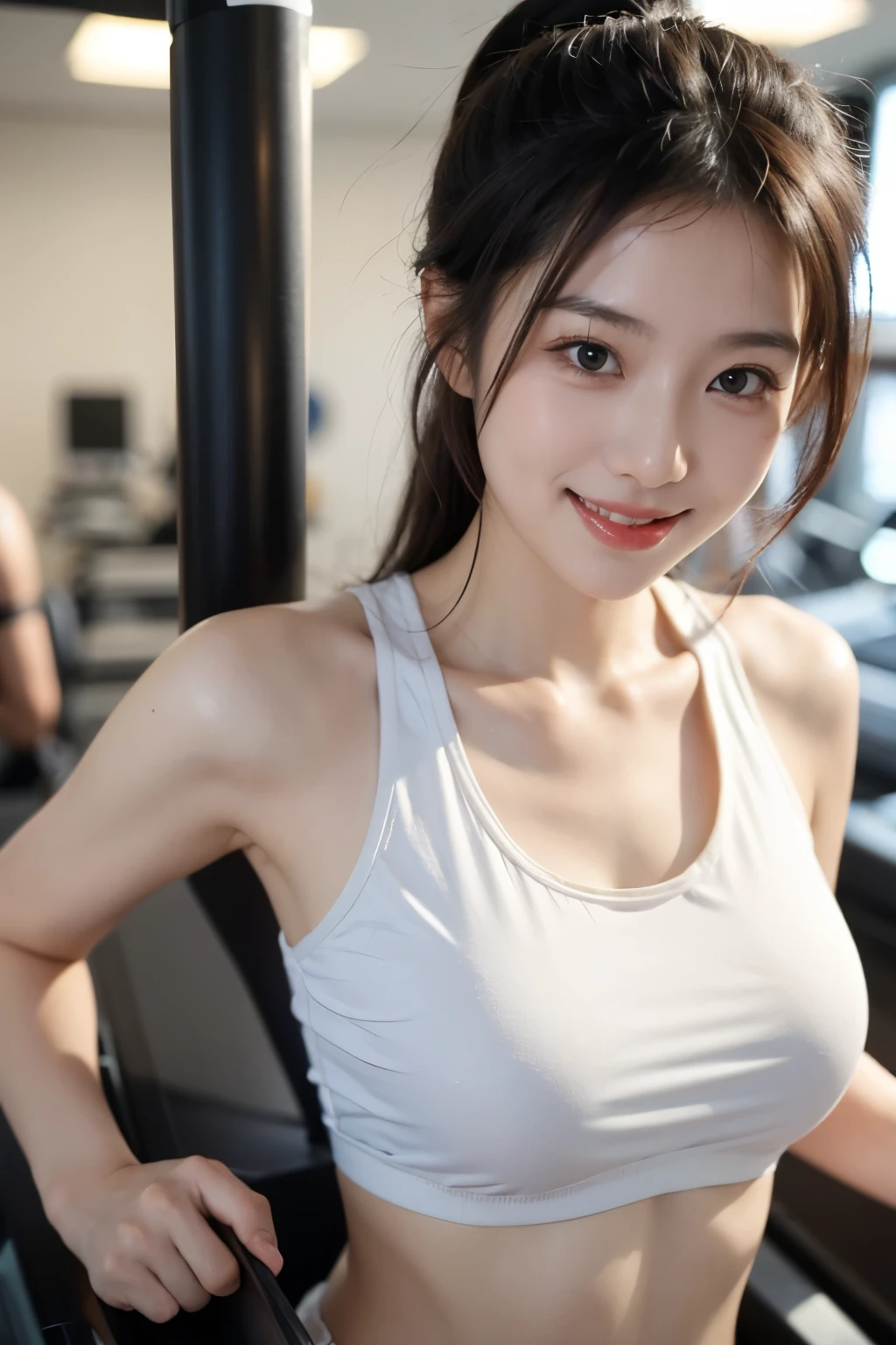 ((The highest image quality, 8K, tmasterpiece:1.3)), 1girll, Beautiful woman with slender abs:1.3, (casual hairstyle), tight vest,breasts are relatively large,Do not wear panties, Ultra-fine face, A detailed eye, 二重まぶた,ssmile,legs separated,gym room