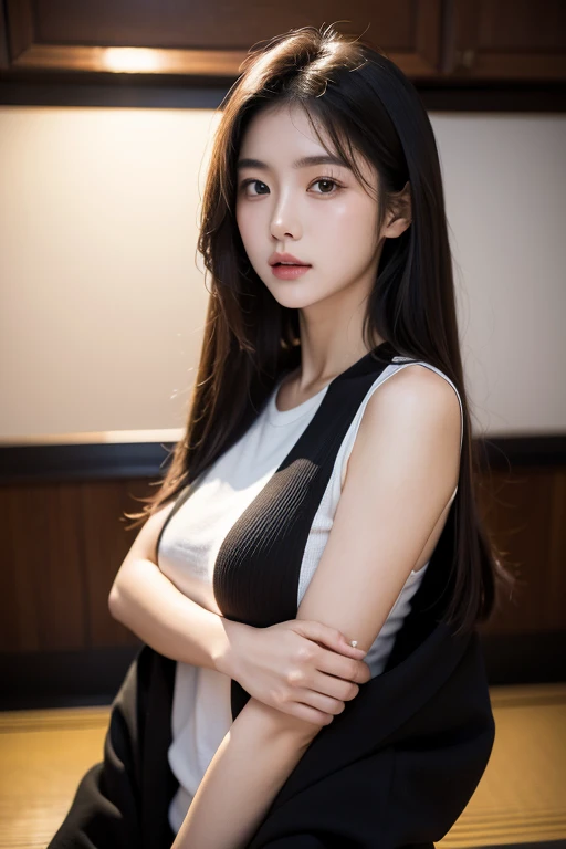 Korean woman, black short shirt,library,Fantasy style,soft light,Rich in detail,dreamy colors,elegant action, shy face, athlete, abs show, , black long hair, fair skin, restore face