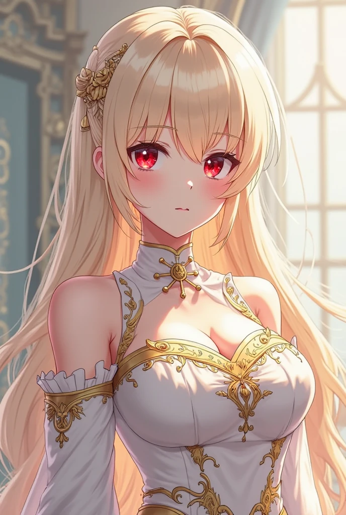 moe anime artstyle,princess luxurious, aristocrat, noble, arrogant,((absurdly long Straight hair)),Red Eyes,(((beautiful embroidery and jeweled gorgeous rococo ballgown with voluminous full length crinoline hoop skirt))),(((absurdly gigantic tits,curvy))),deep cleavage,Skindentation,((detailed face and eyes)),extremely gorgeous hair ornament,((extremely gorgeous big tiara)),luxurious jewelry,((((absurdly gigantic tits))),gorgeous palace,,((Arrogant smile))
