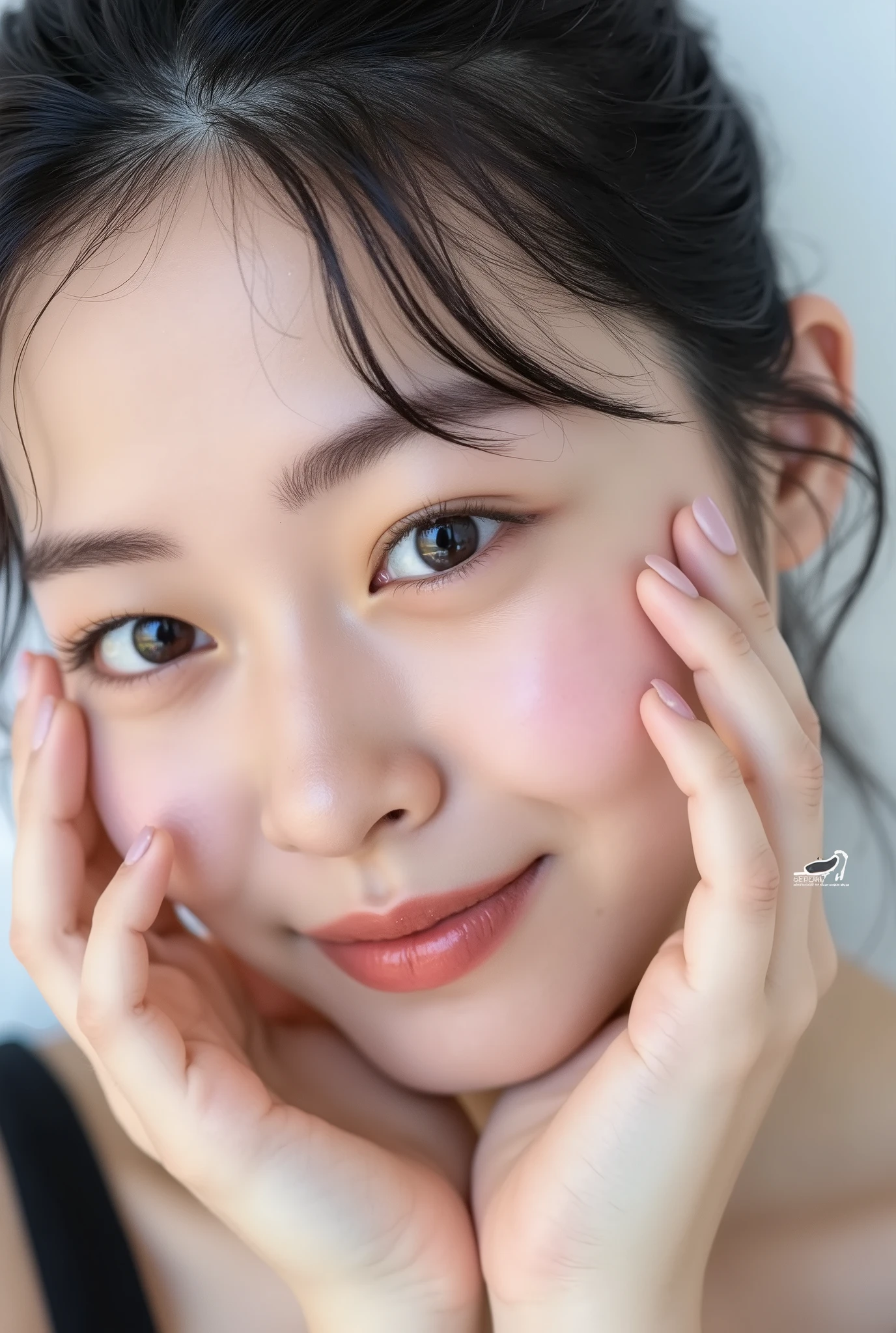 extreme close-up portrait, beautiful girl with her love-struck, radiant face filling the entire frame (95% face ratio), gently placing both open hands on her flushed cheeks with soft fingers, soft black camisole, white blurred background, eyes dreamy and half-lidded, deeply adoring gaze fixed straight at the viewer, irises ultra-detailed with intricate rainbow reflections and glowing catchlights, moist and sparkling eyes as if about to tear up from overwhelming joy, soft melting smile revealing slightly parted lips and upper teeth, skin with visible soft pores, realistic skin texture with warm lighting and subtle shadows, delicate eyelashes, glossy lips with natural highlights, cheeks glowing with deep blush, cinematic soft lighting, lifelike expression full of romantic euphoria, overflowing with happiness, warmth, and pure affection, subtly tilting her head as if whispering a name in total bliss, ultra photorealistic, masterpiece, 8K, hyperreal detail, skin pores, detailed iris texture, cinematic mood