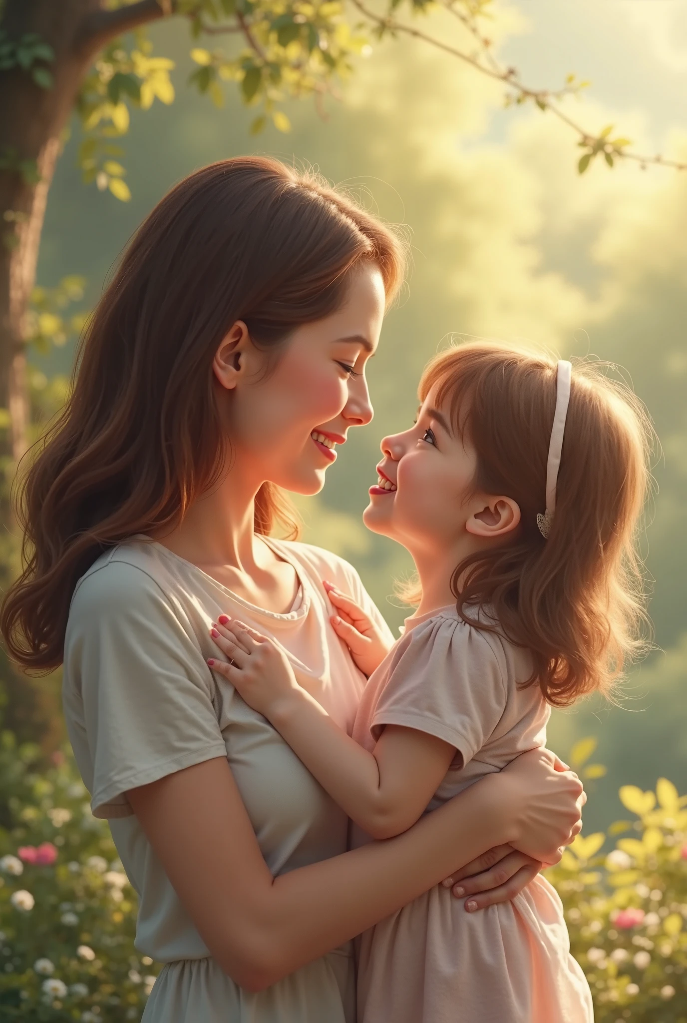 Take a photo if a fair-skinned woman, wavy black hair, with a child in her arms, with fair skin and blonde hair