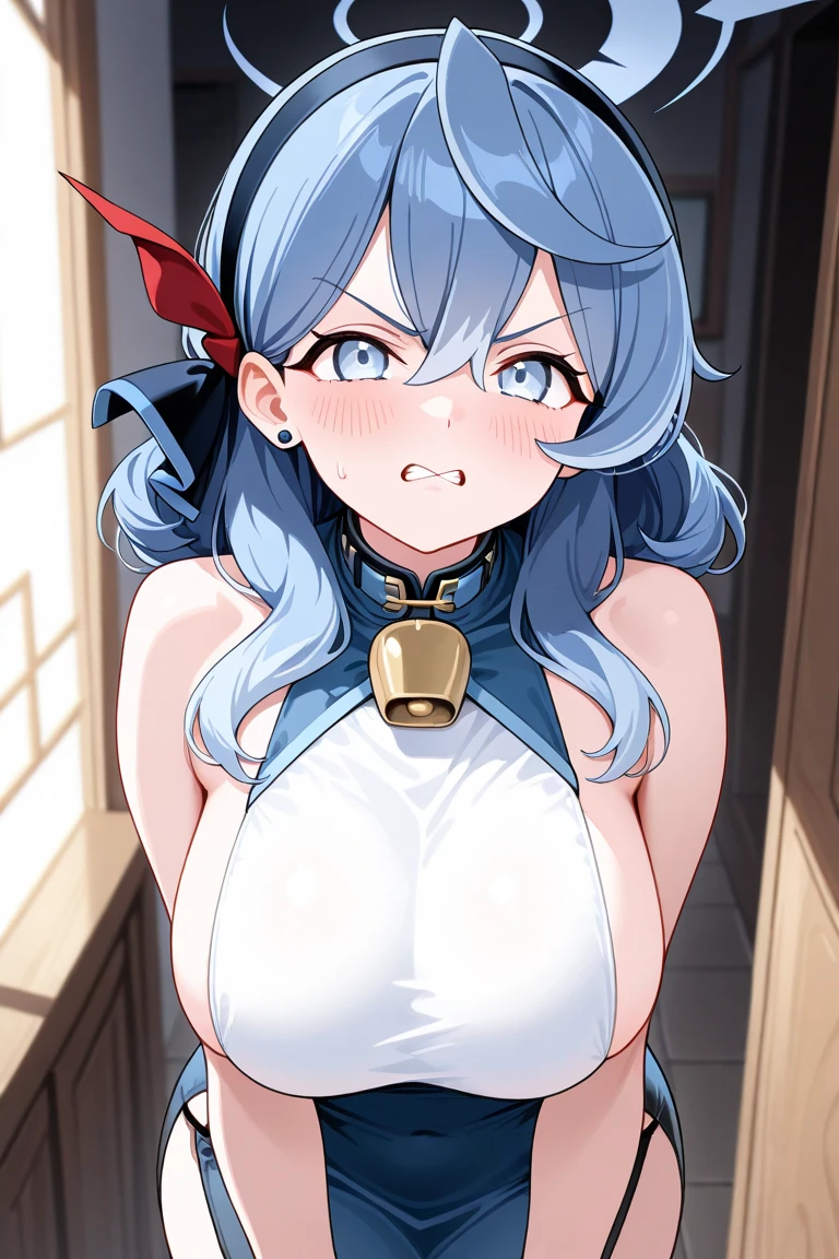 Cute naughty priestess, Pastel colors hair, large breasts, Thighs, (silver hair), blue hair, long hair, (pouted:1,2, blush:1.2), half updo, double bun, (naked:1.3), at the adventurer's guild, A bulletin board with posted paper, nfsw, sweat, (cum in vaginal:1.3), vaginal sex
