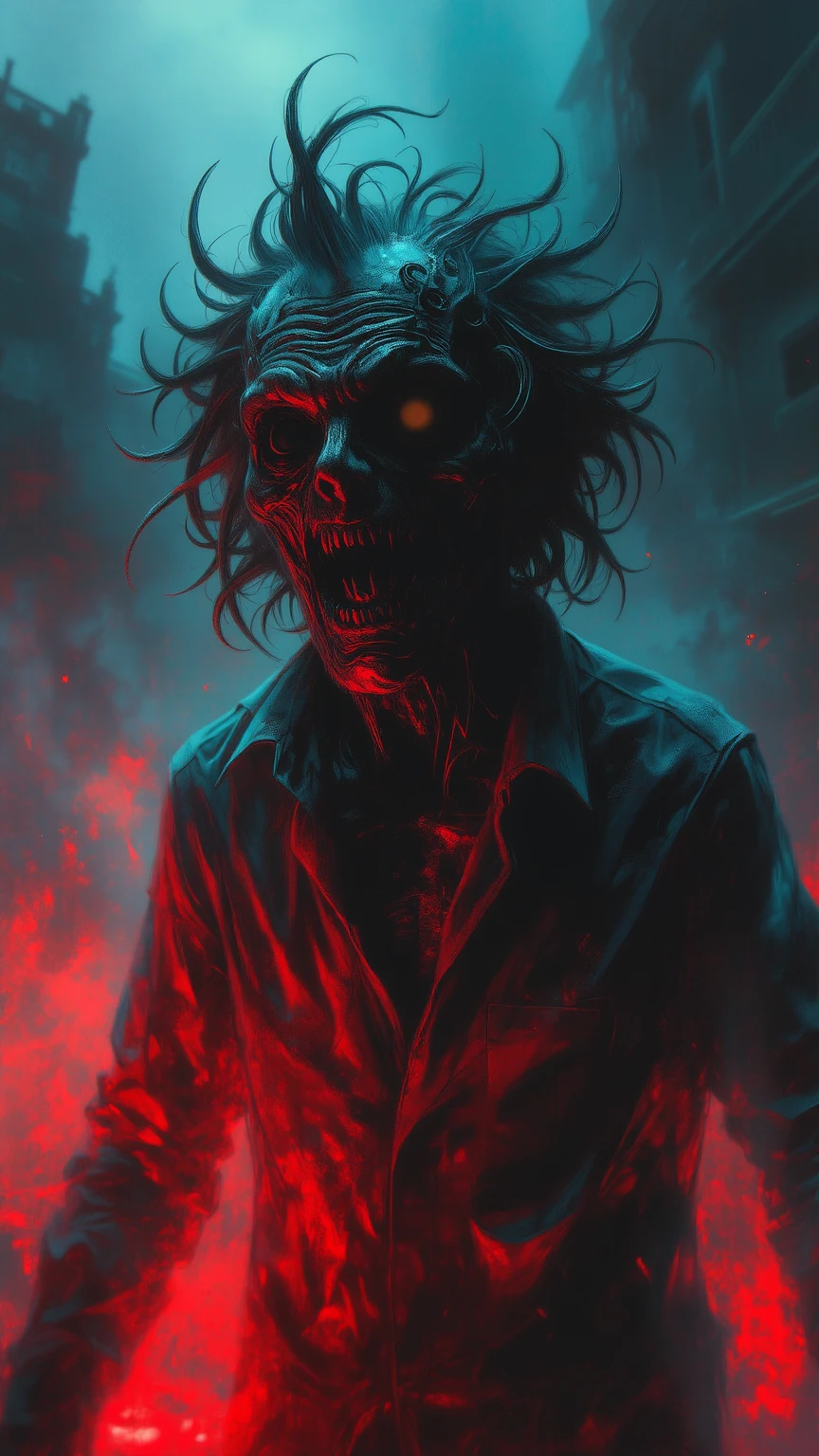(psychedelic horror), wet matted hair, deformed face, looking over at viewer with a rotted broken missing teeth grin, blinded sunken cloudy eyes, Disgusting deformed and rotten old witch hag ladies creeping in the shadows, off-center in the distance in the dark, hunched back, wearing moldy tattered rags, body horror ((red glowing hollow five stars sigil floating above head)), creepy nighttime suburbs setting, midnight
